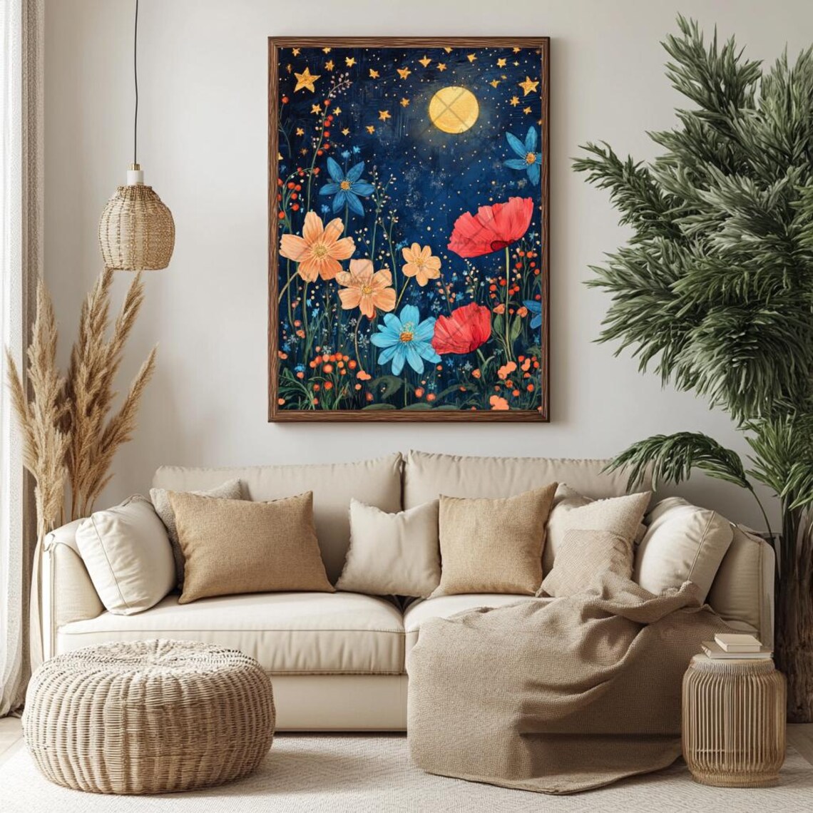 Golden Stars and Moon Over Colorful Wildflowers Night Sky Poster - Image 3