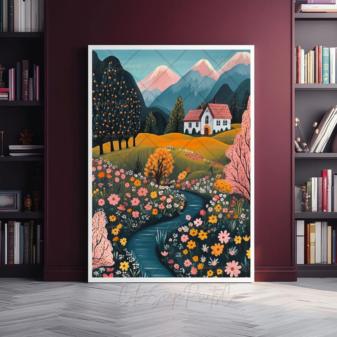 Whimsical Cottage Garden River Mountains Folk Art Landscape Poster - Image 3