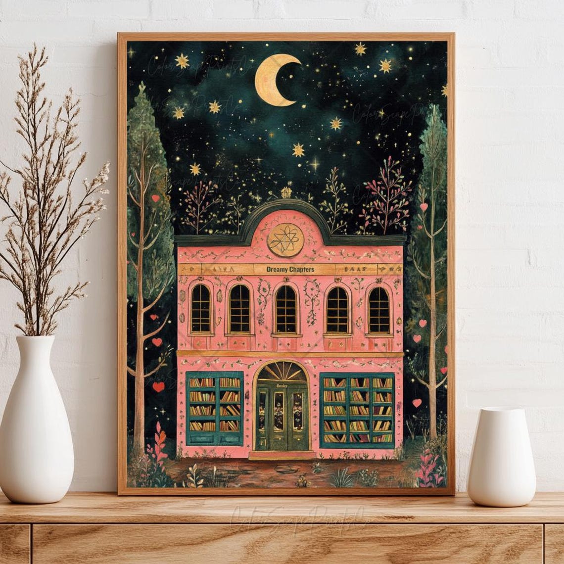 Dreamy Chapters Pink Bookshop Under Crescent Moon Night Poster - Image 4