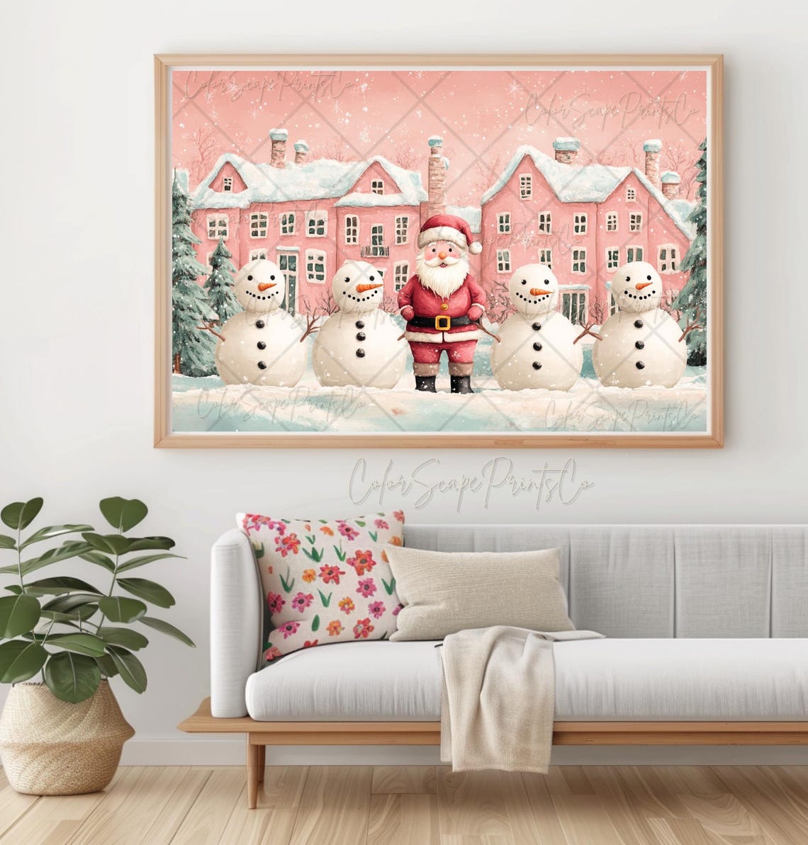 Santa Claus In Christmas Village Painting Pink Santa Claus Painting Cottage Holiday Decor Pink Winter Village Print Snowy Landscape Print - Image 4