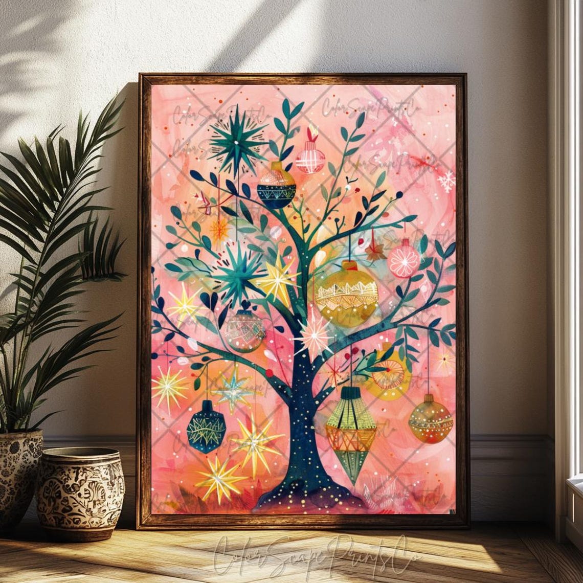 Whimsical Christmas Tree With Ornaments Pink Watercolor Poster - Image 4