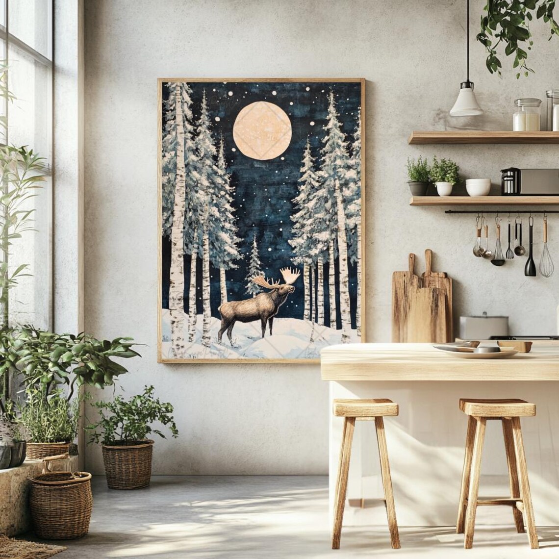 Moose Standing in Snowy Birch Forest Under Big Winter Moon Poster - Image 3