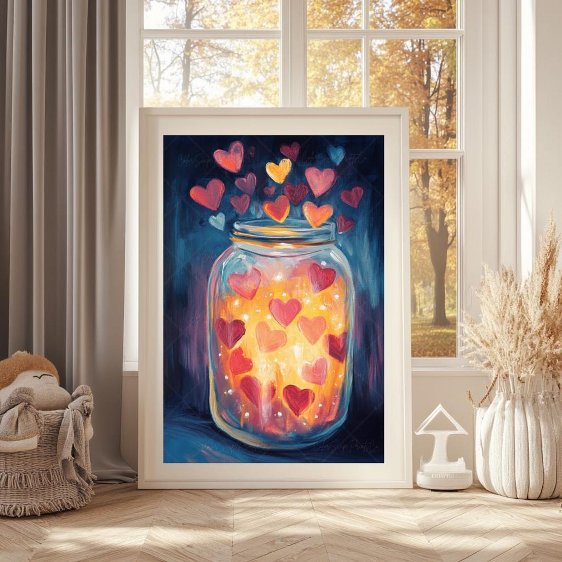 Glowing Hearts Mason Jar Painting Moody Romantic Valentine Wall Art - Image 3