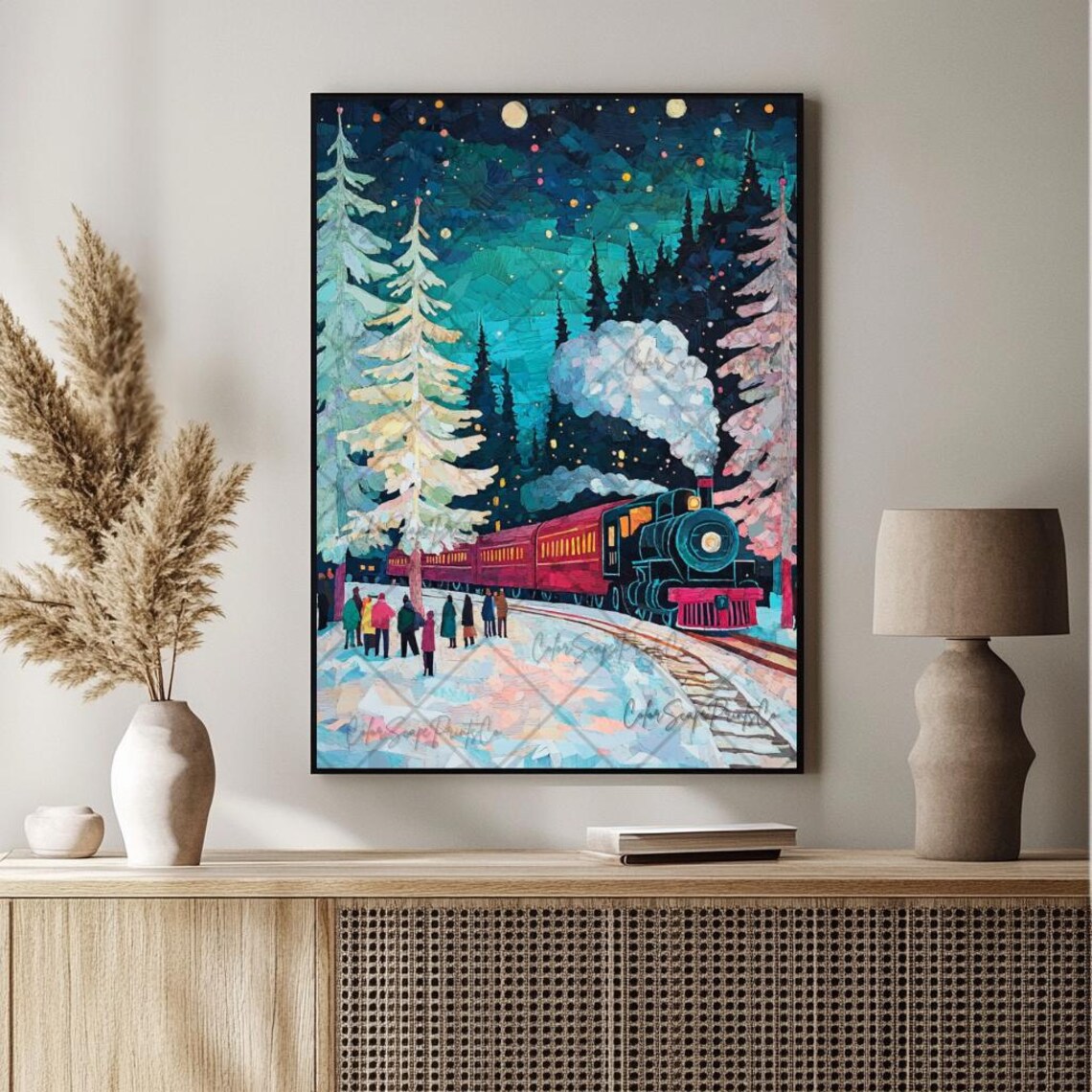 Christmas Train Snowy Station Mosaic Night Holiday Art Poster - Image 2