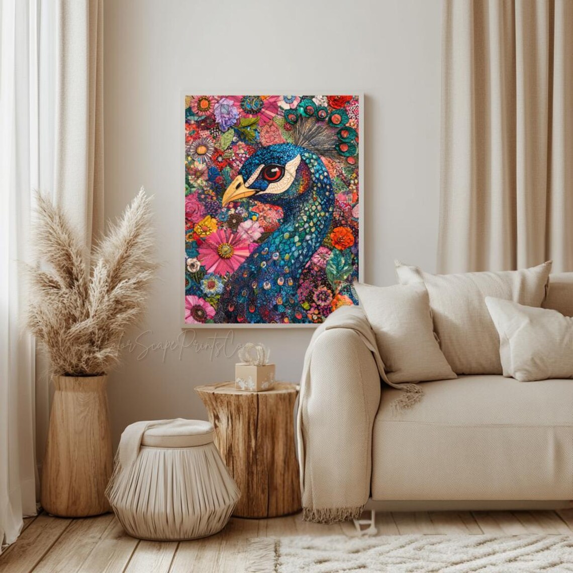 Colorful Peacock Portrait Floral Mosaic Artwork Jewel Tones Poster - Image 2