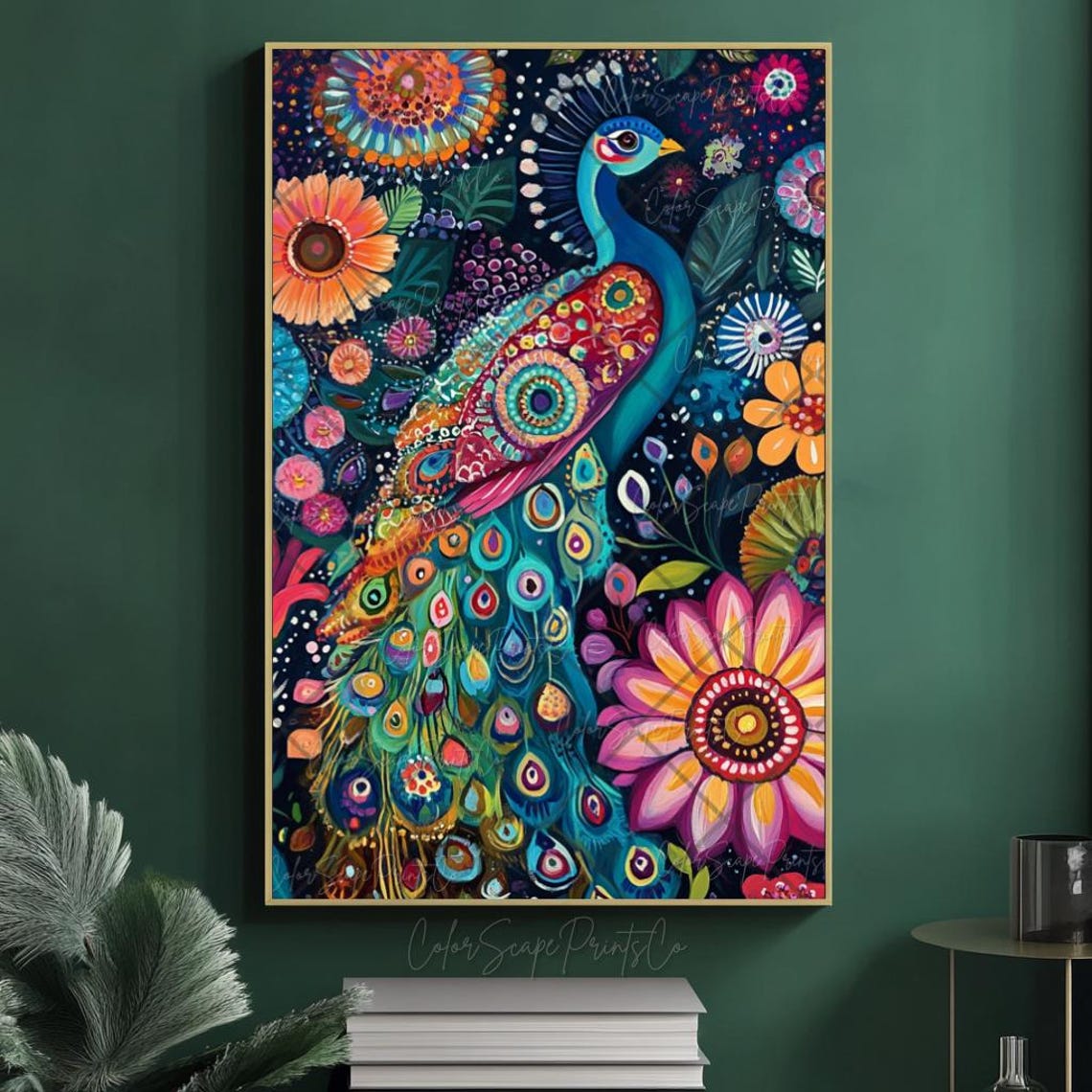 Vibrant Peacock Mandala Flower Garden Dark Botanical Art Poster - Image 3