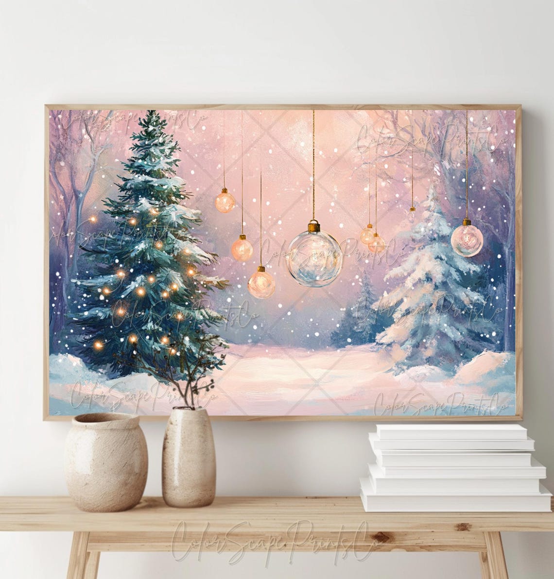 Pink Christmas Trees Snowy Pastel Winter Dream Landscape Poster - Image 2