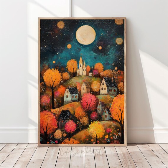 Autumn Village Under Full Moon Night Landscape Cozy Fall Poster