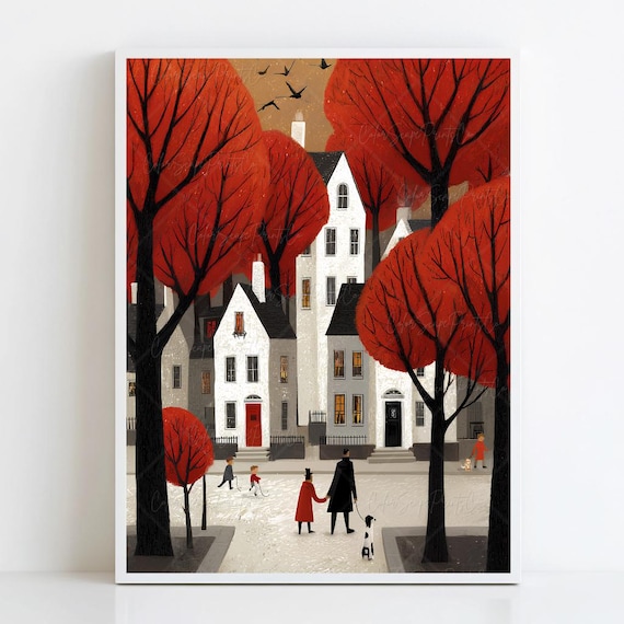 Fiery Red Autumn Trees Along White Townhouse Street Scene Poster