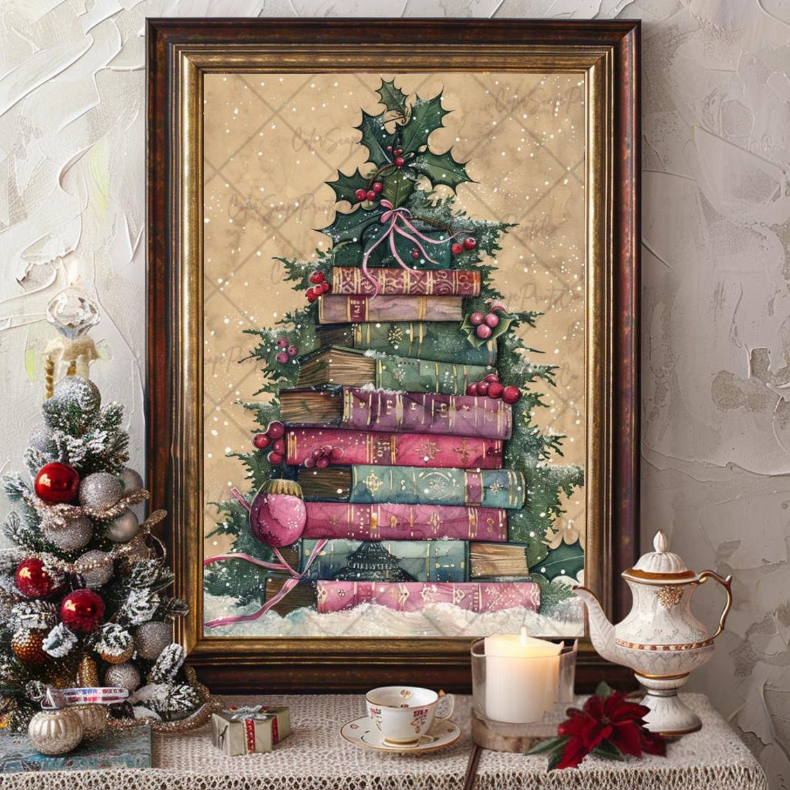 Book Stack Christmas Tree Vintage Books Holiday Booklover Wall Art - Image 4