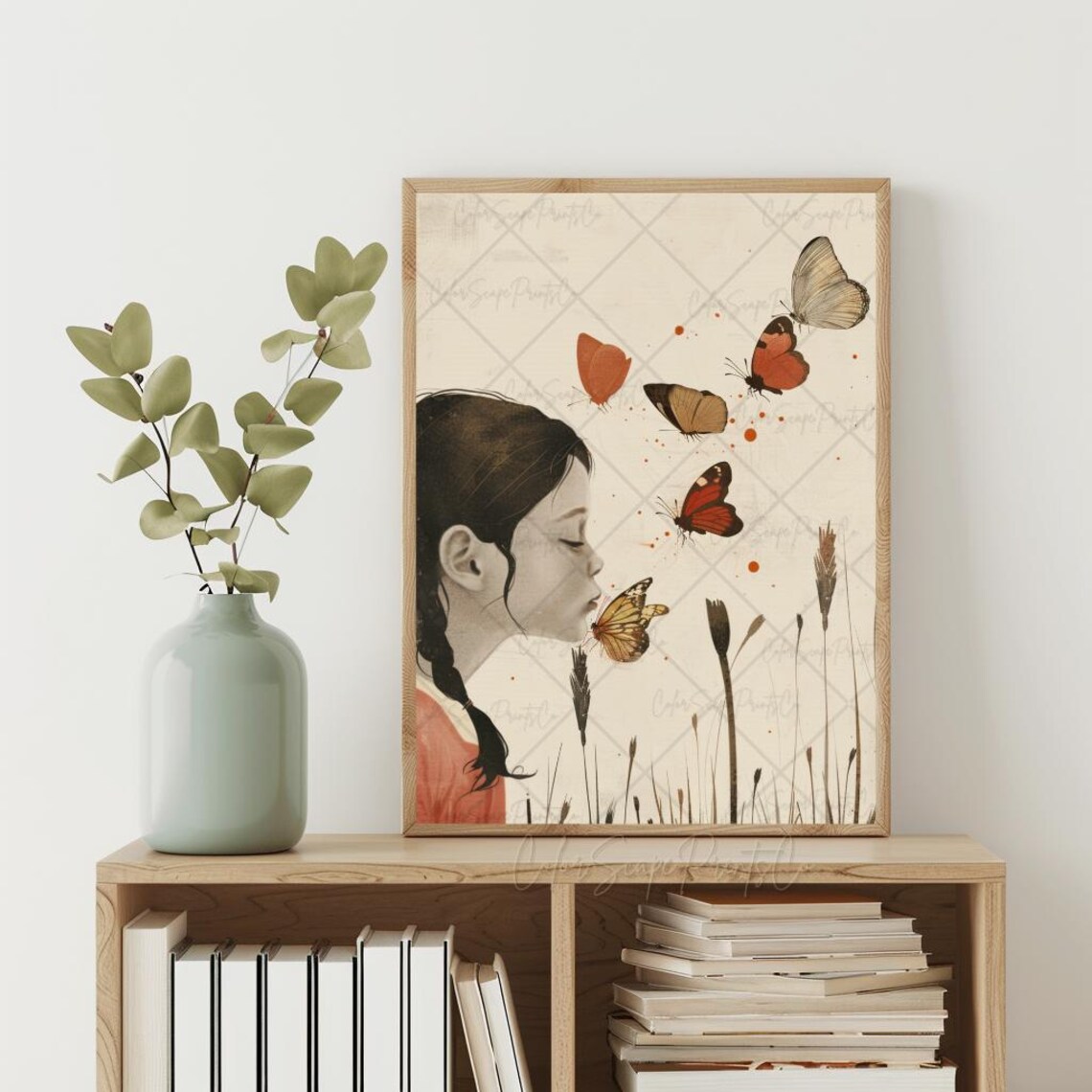 Girl And Butterflies Print Butterfly Wall Art Framed Antique Moth Painting Vintage Monarch Butterfly Print Vintage Art Prints Moody Wall Art - Image 2