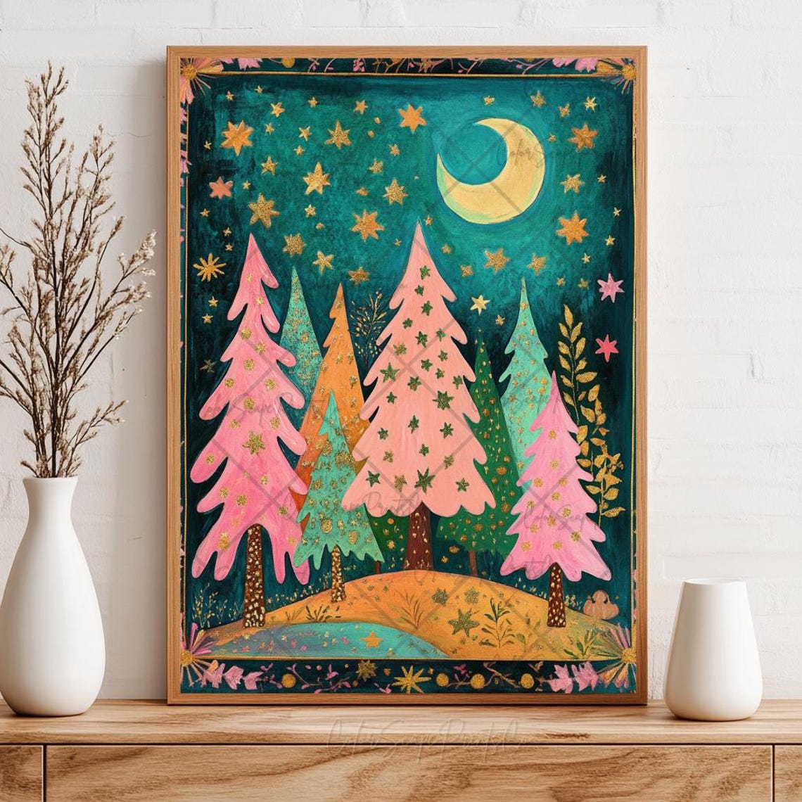 Colorful Rainbow Christmas Trees Moonlit Night Sky Stars Poster - Image 3