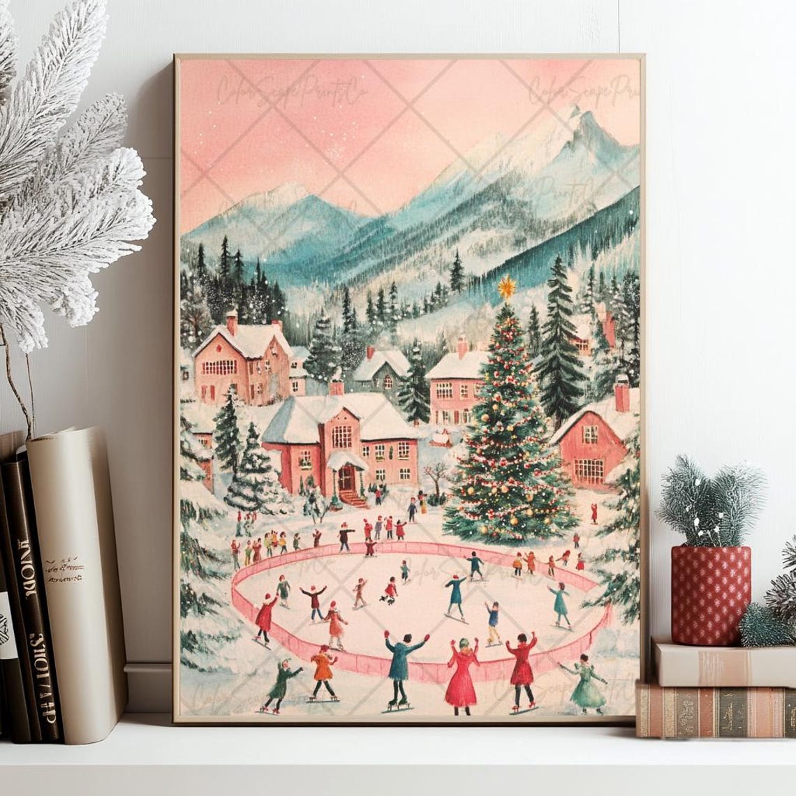 Winter Wonderland Painting Christmas Village Print Victorian Ice Skating Print Pink Winter Village Houses Art Pink Houses Holiday Wall Art - Image 4