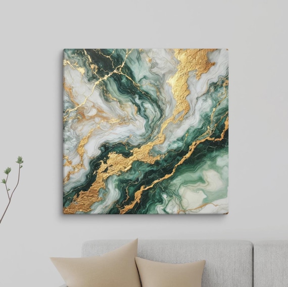 Emerald Green And Gold Marble Art Abstract Textured Wall Decor Luxury Modern Painting Ready To Hang Contemporary Home Decor