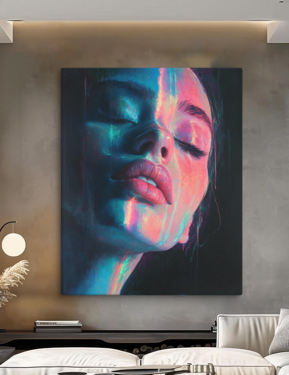 Neon Glow Woman Portrait Abstract Blue Pink Light Modern Art Wall Poster