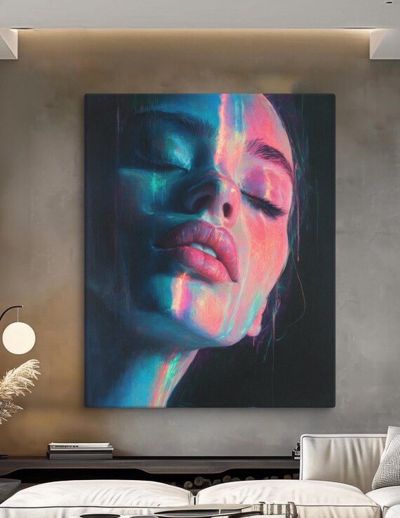 Neon Glow Woman Portrait Abstract Blue Pink Light Modern Art Wall Poster