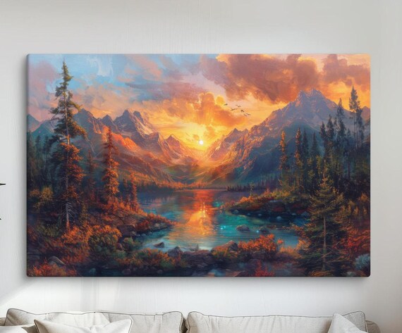 Sunset Over Majestic Mountains Art Print Serene Landscape Wall Art Decor Tranquil Nature Pictures For Home Ready To Hang