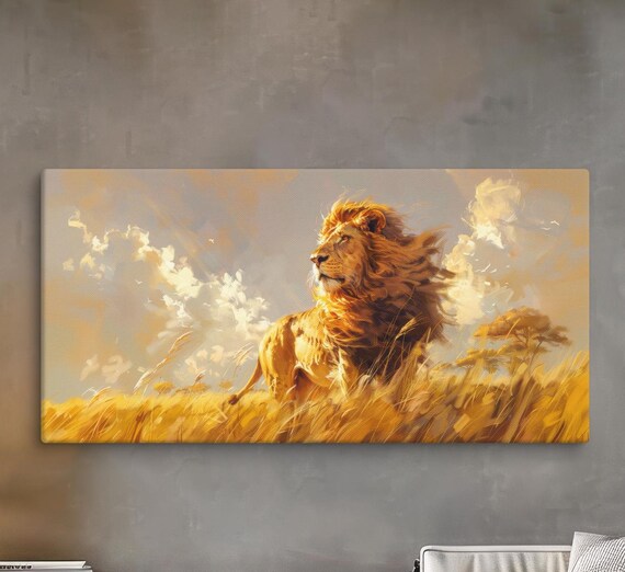 Majestic Lion Walking Through Golden Savannah Grass Painted Wall Poster