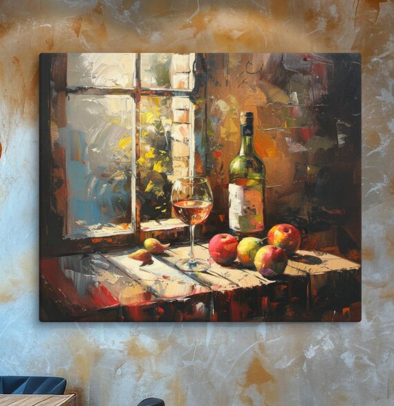 Sunlit Wine Bottle Glass Apples Windowsill Rustic Still Life Painting Poster