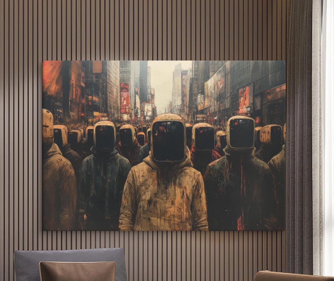 Dystopian Helmet Crowd City Street Dark Futuristic Surreal Art Poster