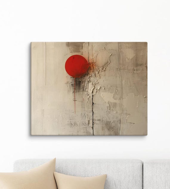 Minimalist Red Sphere Art Modern Abstract Wall Decor Textured Beige Background Ready To Hang Perfect For Contemporary Home Design