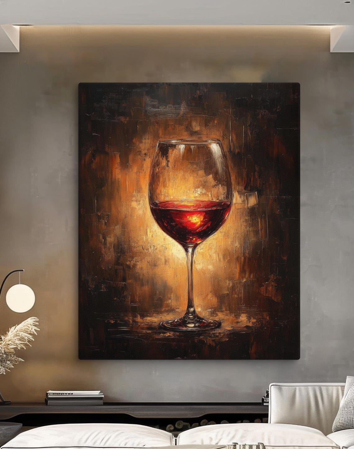 Red Wine Glass Still Life Painting Warm Amber Glow Kitchen Wall Poster