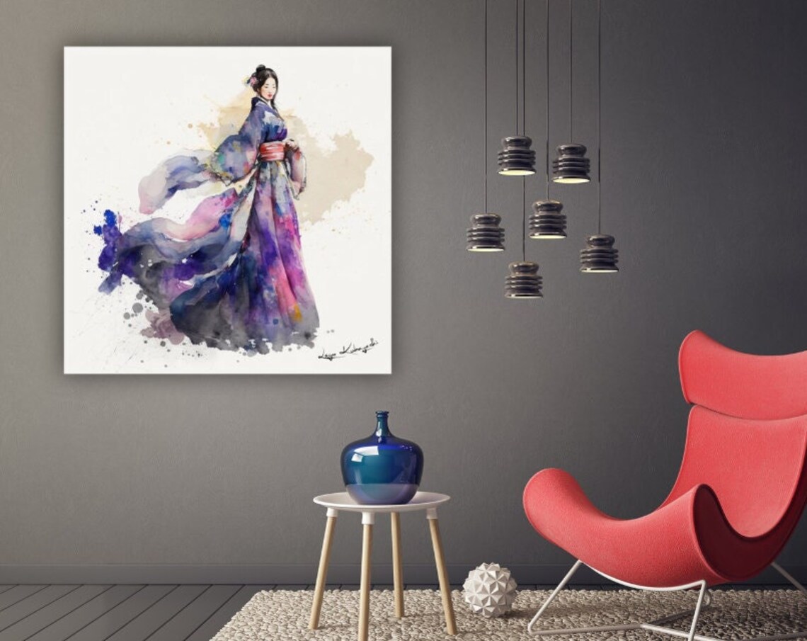 Japanese Geisha Blue Purple Kimono Flowing Silk Watercolor Poster