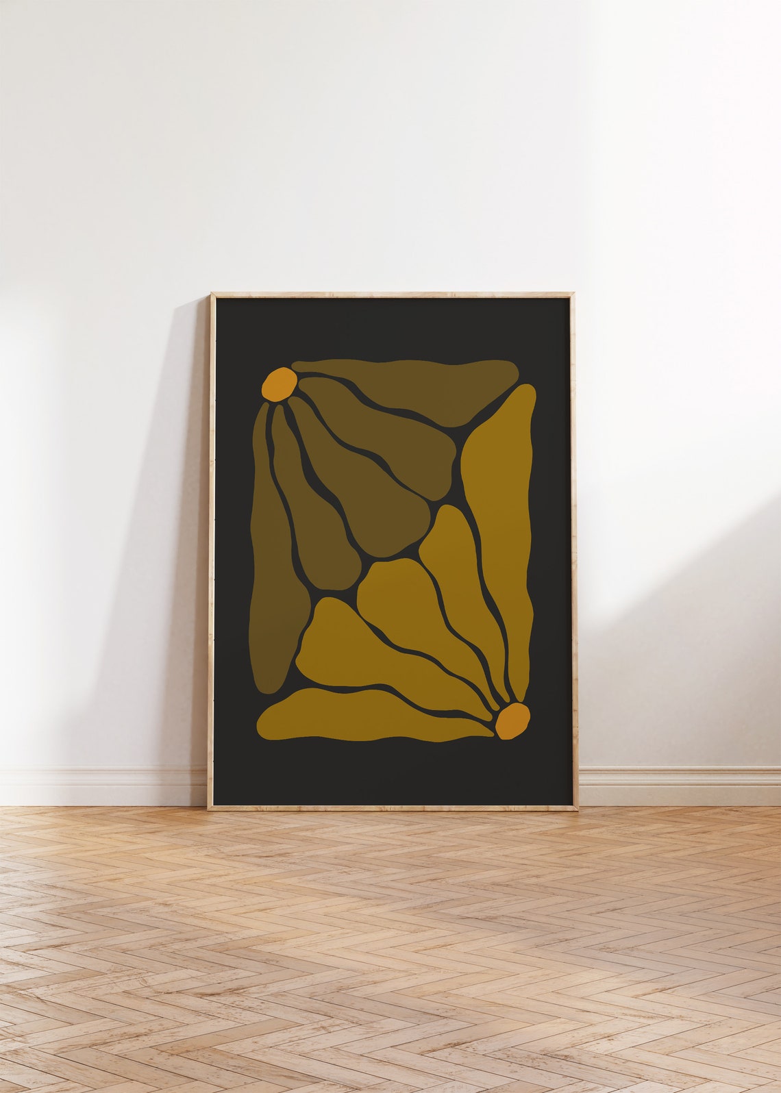 Olive Green Abstract Leaf Art Amber Accents Bold Black Poster