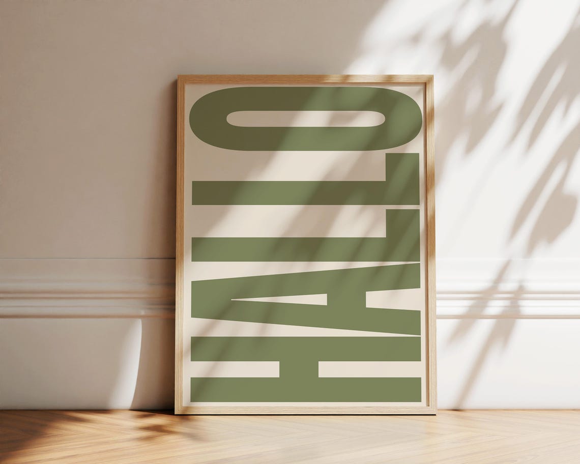 Hallo Bold Retro German Greeting Typography Sage Green Wall Poster