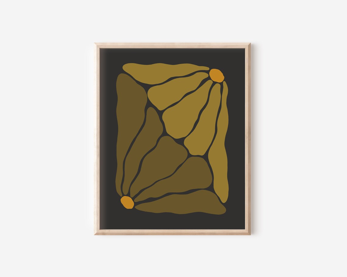 Muted Olive Organic Botanical Forms Amber Detail Black Poster - Image 2