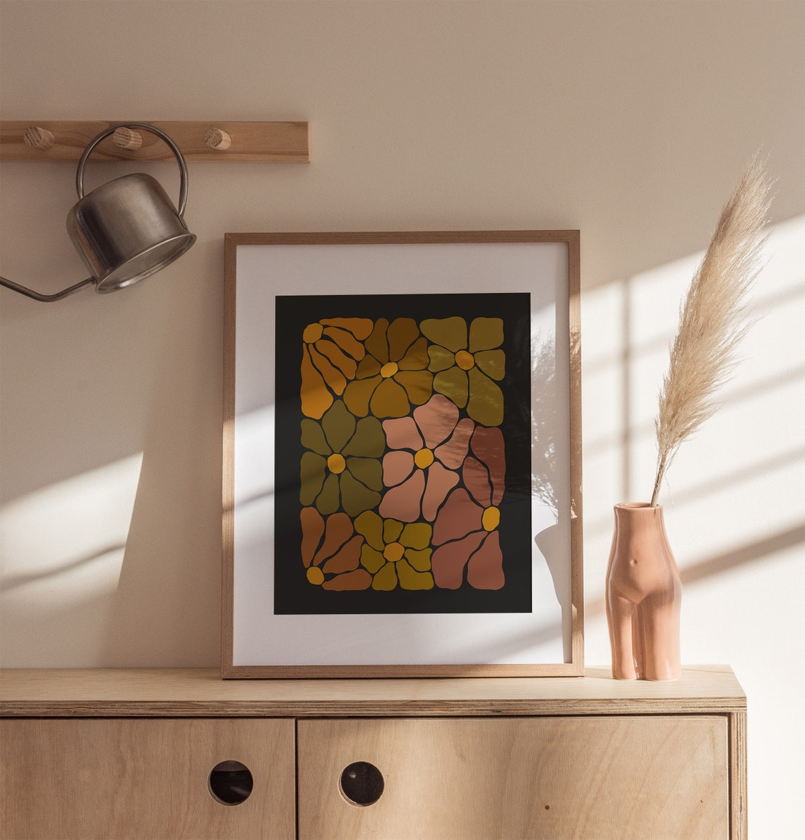 Retro Groovy Flower Mosaic Pattern Autumn Colorful Dark Wall Art