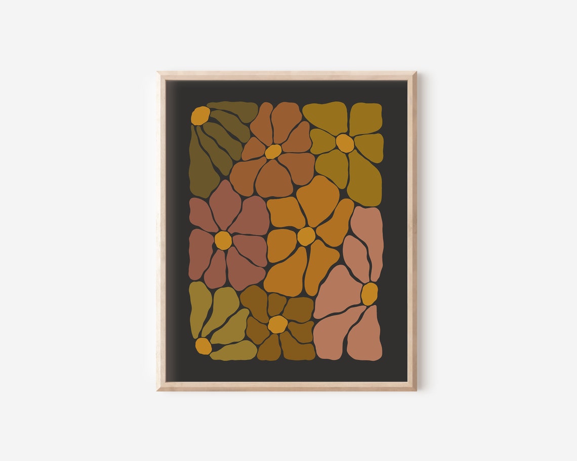 Retro Groovy Flower Mosaic Bloom Warm Autumn Tones Dark Wall Art - Image 2