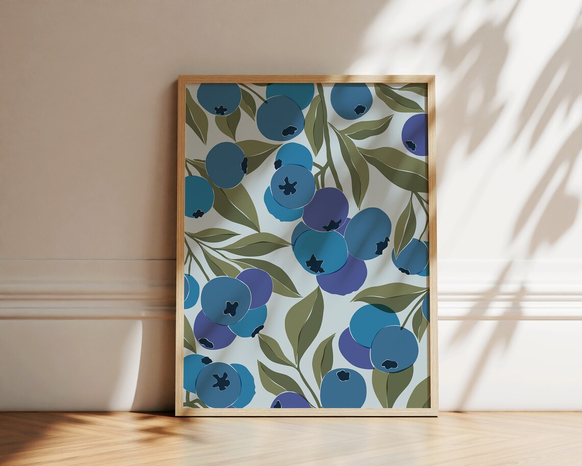 Blueberries Abstract Botanical Art Print, Boho Kitchen