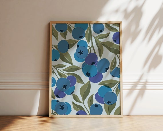 Blueberries Abstract Botanical Art Print, Boho Kitchen