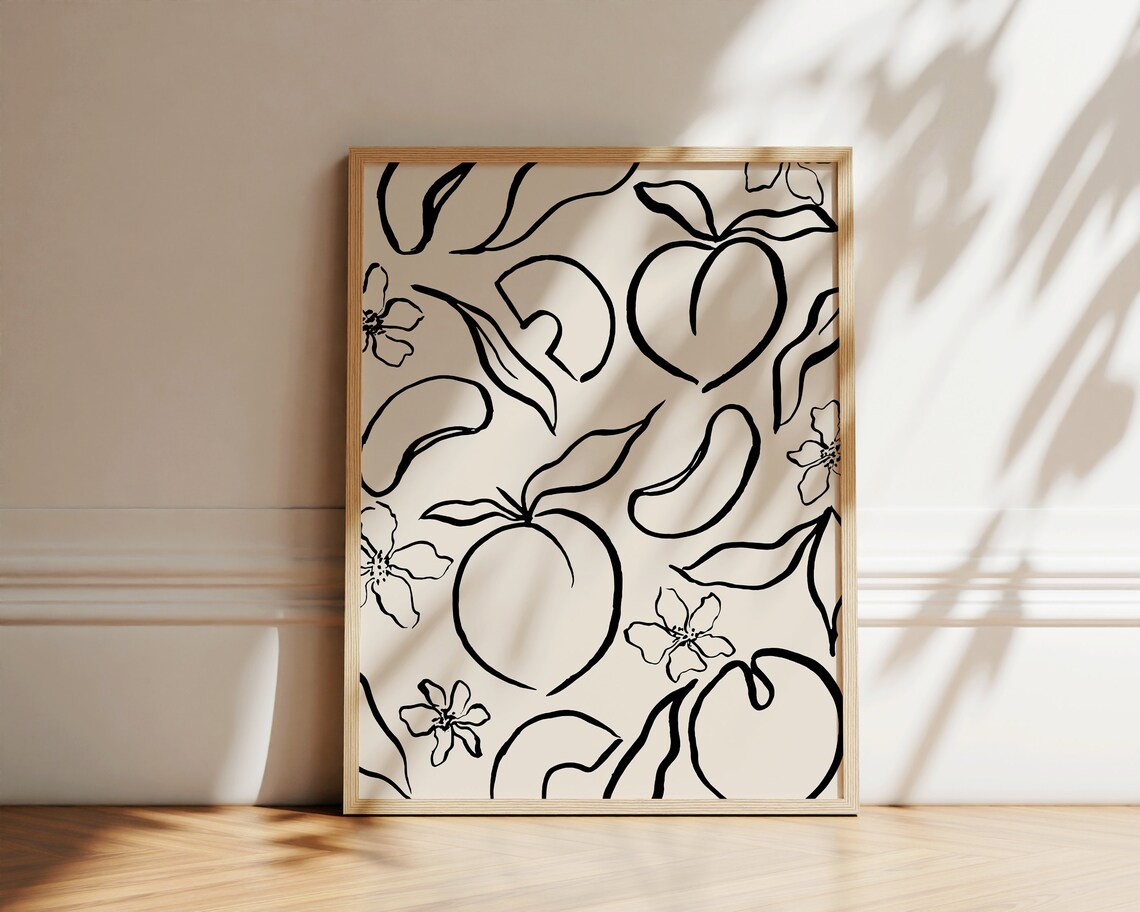 Peaches Botanical Ink Drawing, Mid-Century Art Print