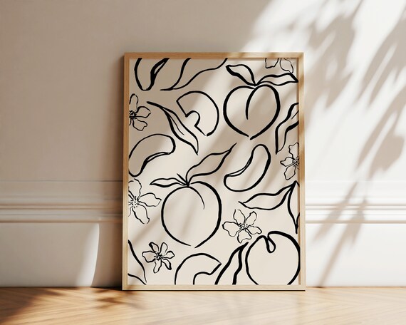 Peaches Botanical Ink Drawing, Mid-Century Art Print