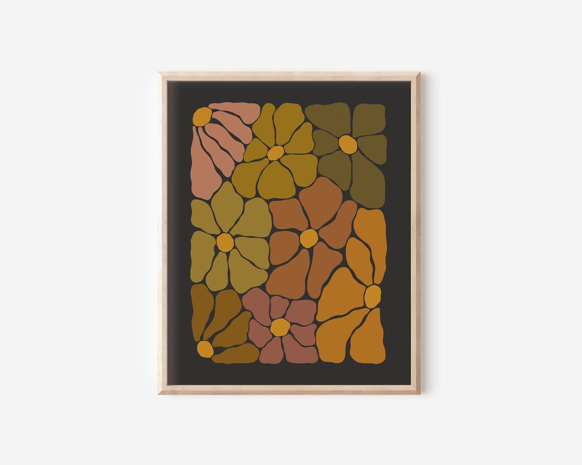 Retro Groovy Flower Mosaic Autumn Hues Dark Bohemian Wall Art - Image 2