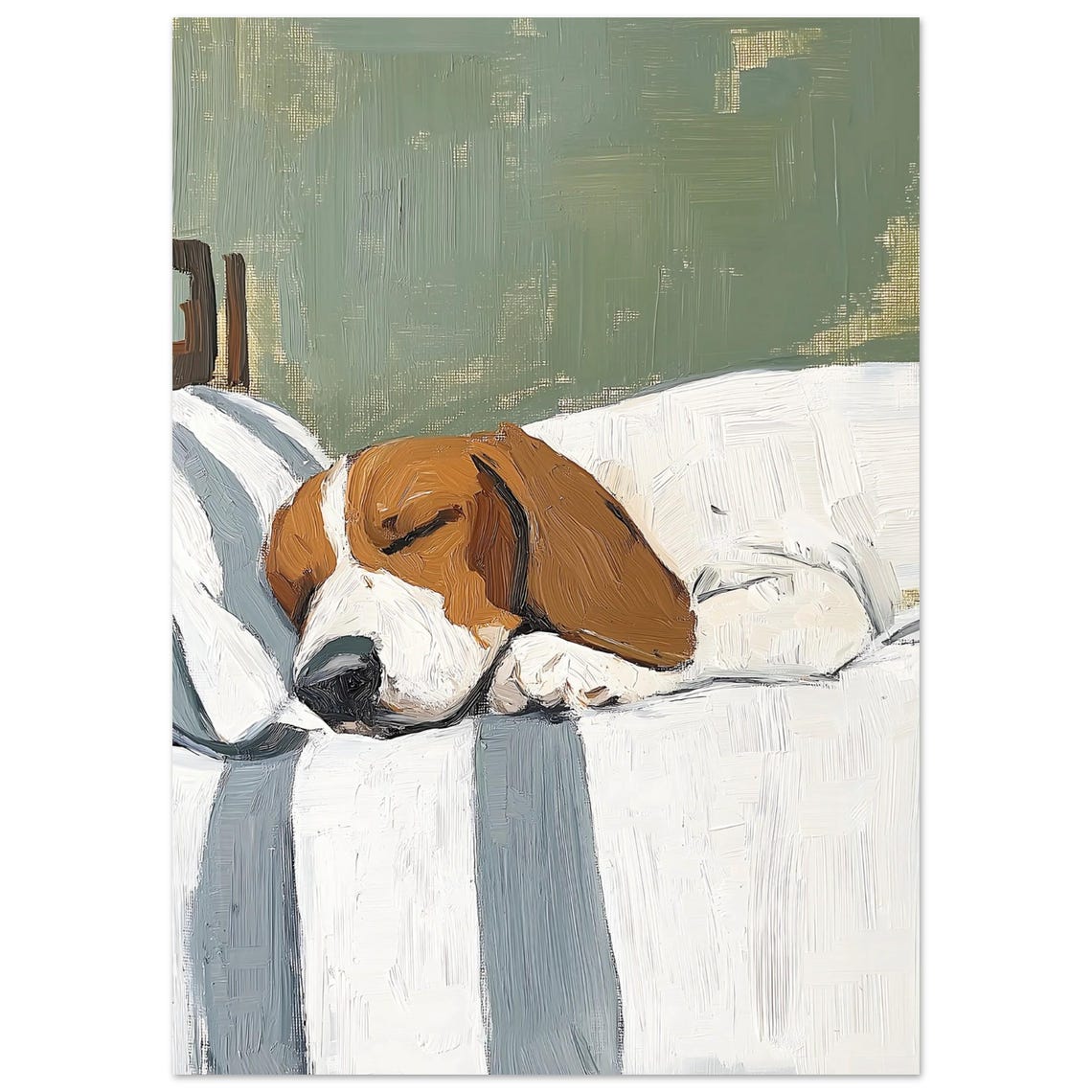 Sleeping Brown White Dog Oil Painting Cozy Pet Napping Art Poster