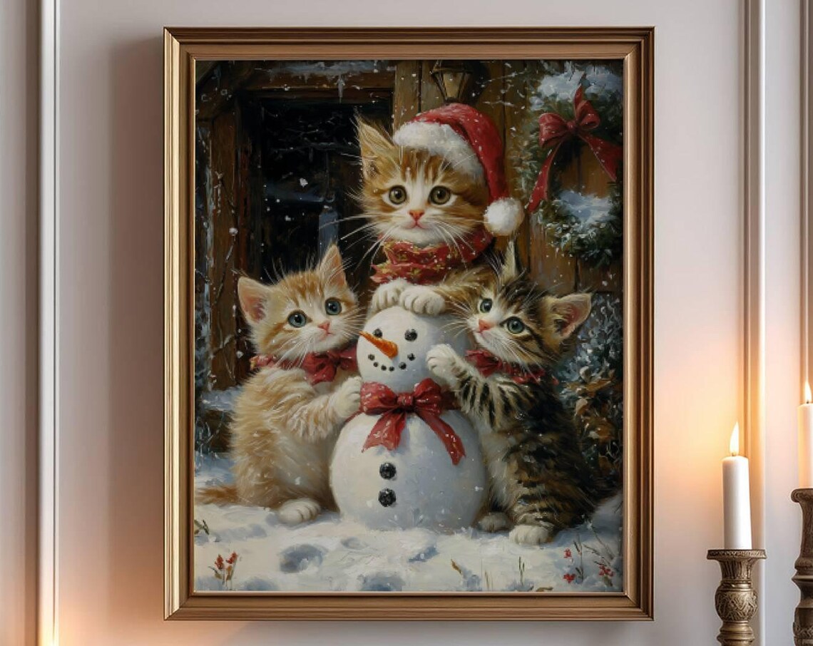 Three Kittens Building A Snowman Christmas Watercolor Poster