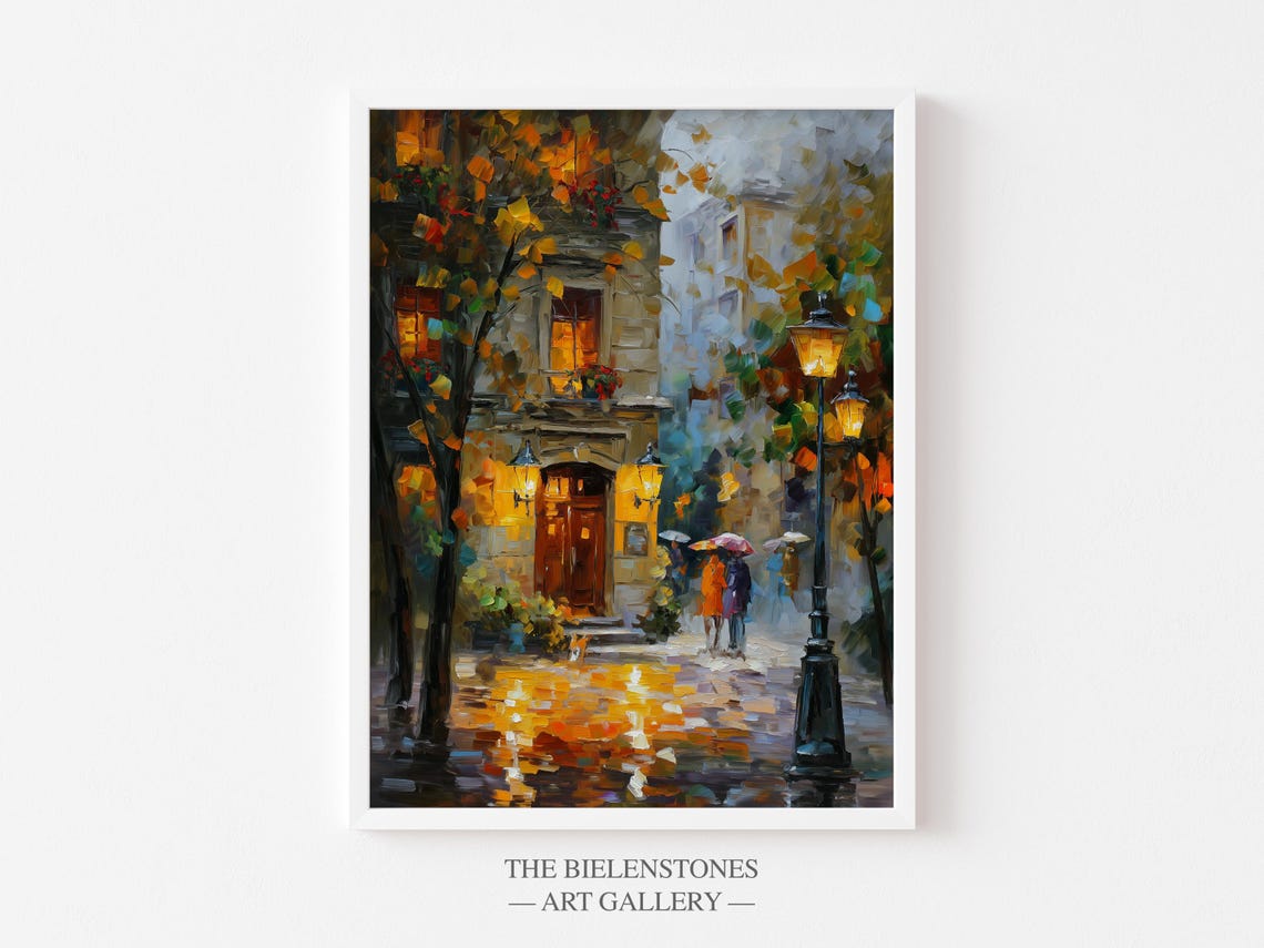 Romantic Rainy Autumn Evening Paris Street Scene Oil Art Poster