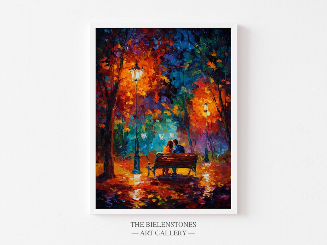 Autumn Park Bench Couple Night Glowing Street Lamp Impressionist Poster