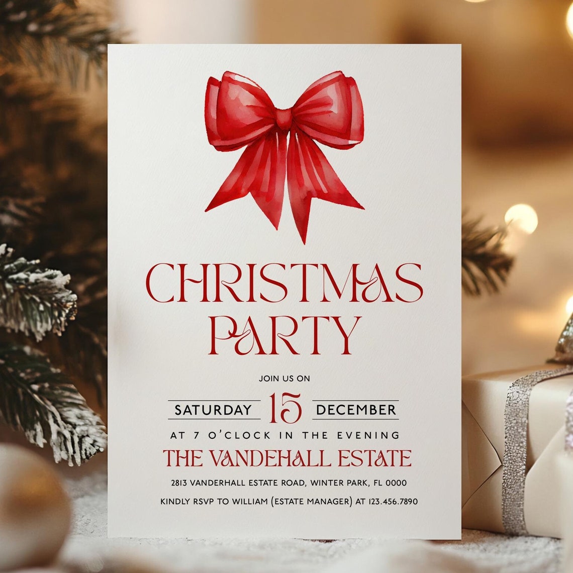 Red Bow Christmas Party Invitation Classic Holiday Event Invite Print