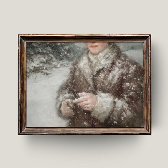 Winter Coat Woman Snowfall Vintage Oil Painting Rustic Print