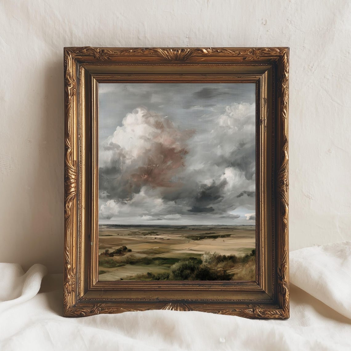 Moody Cloudy Sky Over Golden Fields Rustic Vintage Landscape Wall Art