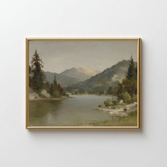 Mountain Lake View Tranquil Nature Wall Art Calm Forest Landscape Painting Neutral Wilderness Decor