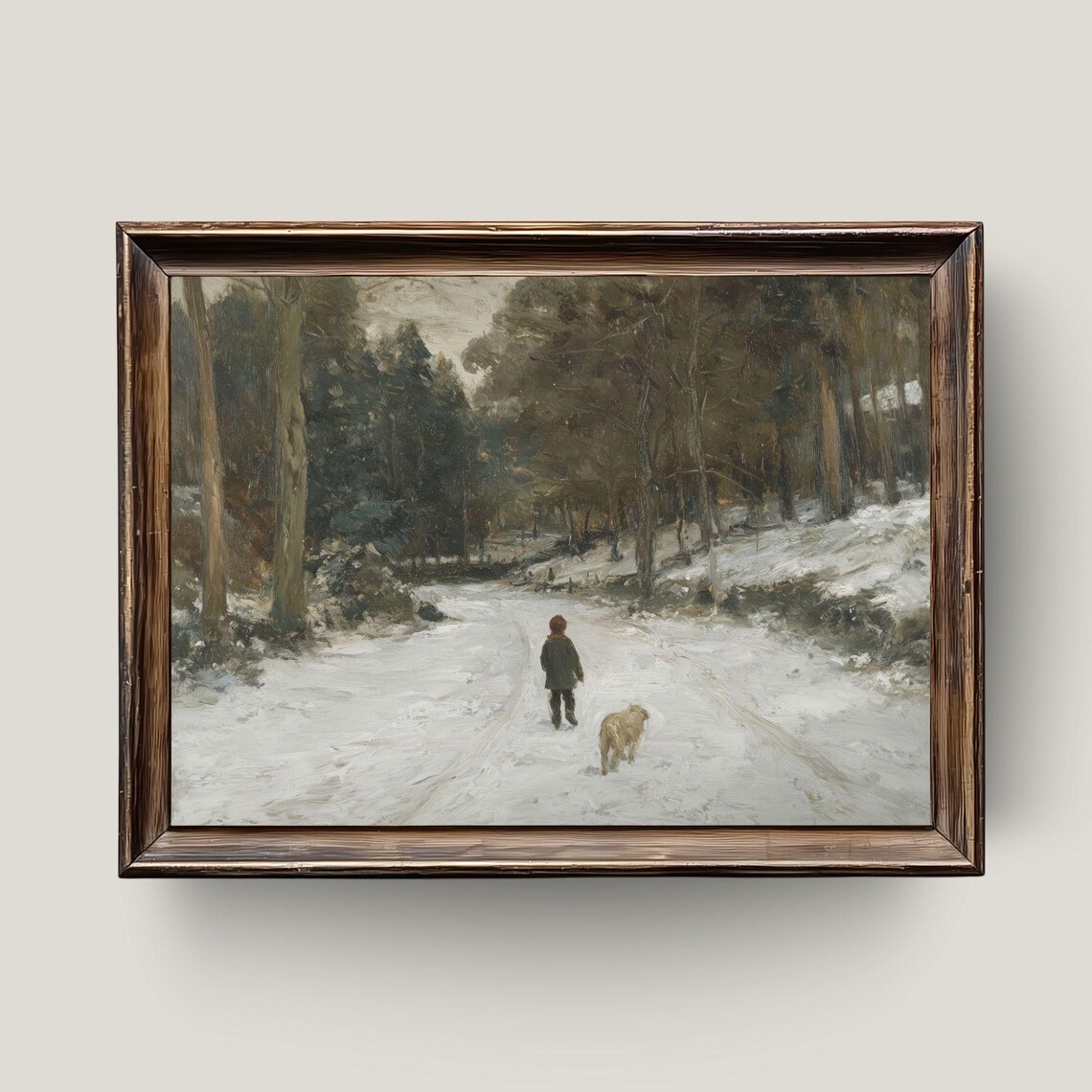 Child and Dog Walking Snowy Forest Path Vintage Winter Painting Poster