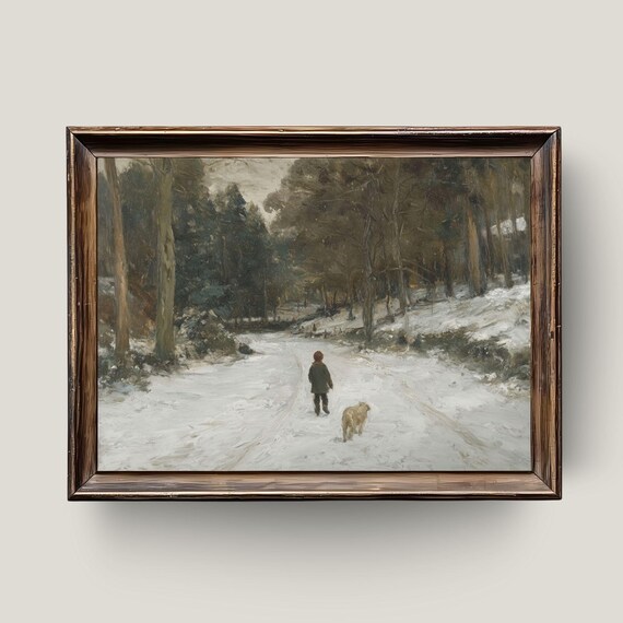Child and Dog Walking Snowy Forest Path Vintage Winter Painting Poster
