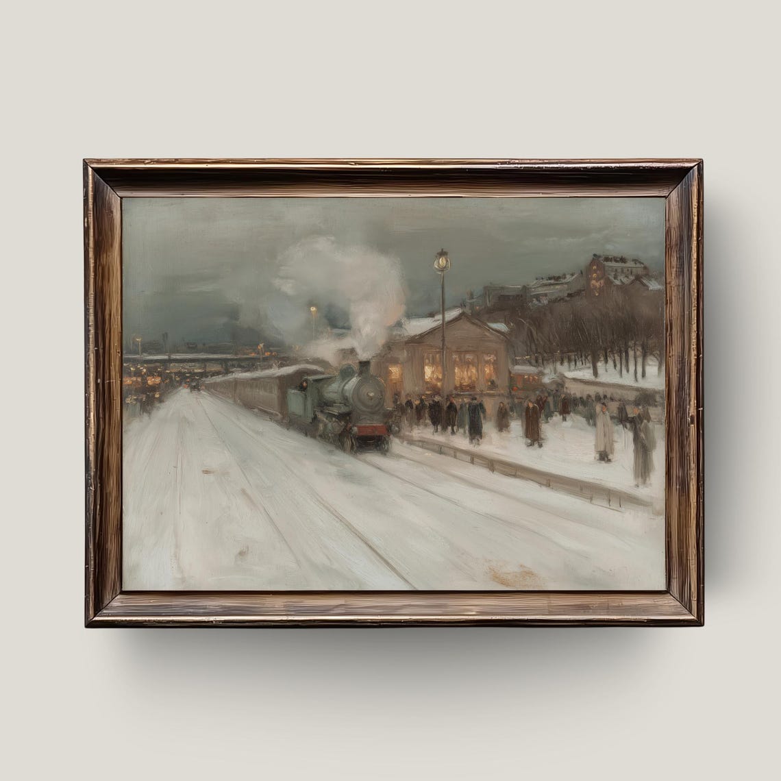 Vintage Train Station Winter Steam Locomotive Snowy Platform Art Print