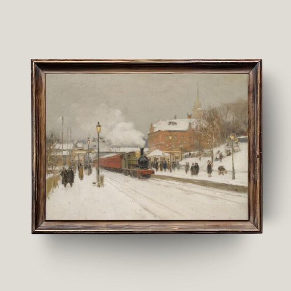 Vintage Winter Train Station Snowy Steam Locomotive Art Poster