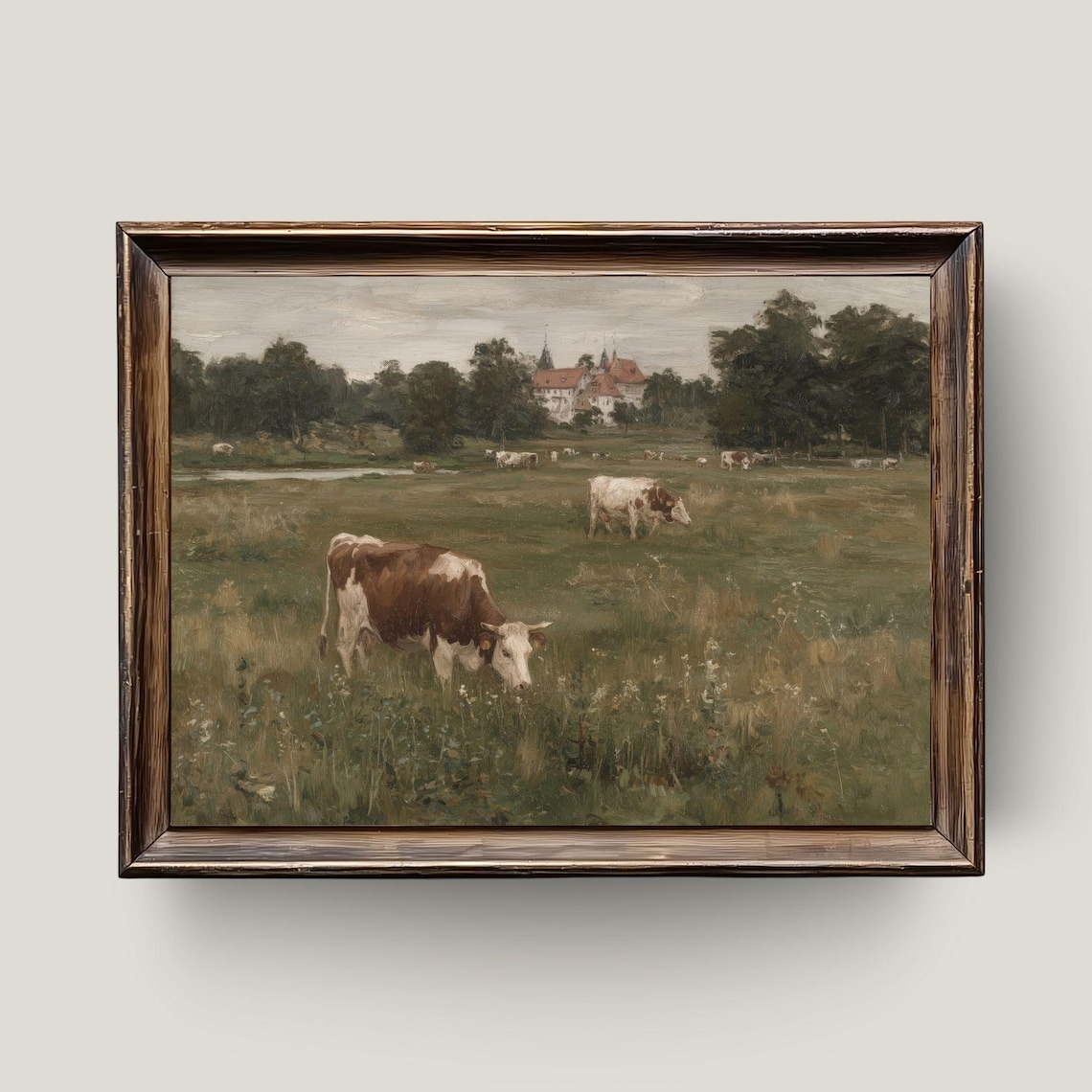 Vintage Cows Grazing Oil Painting Pasture Farmhouse Cattle Scene Poster